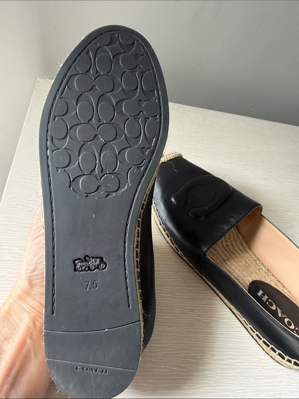 Coach Black Leather Espadrille Flats with Jute Toe - Picture 3 of 4